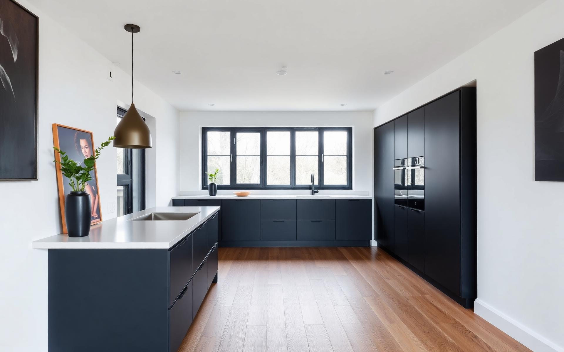 Strakke minimalistische keuken met matte zwarte kasten en witte muren — realisatie BOUW BVBA